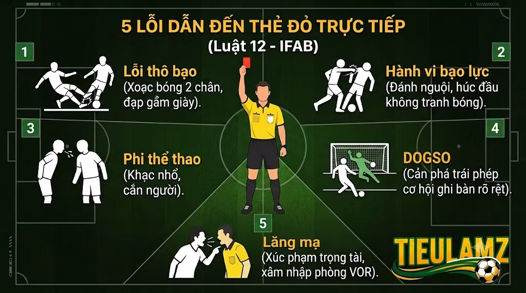 Các Lỗi Dẫn Đến Thẻ Đỏ Trực Tiếp Trong Bóng Đá (Chuẩn Luật FIFA)