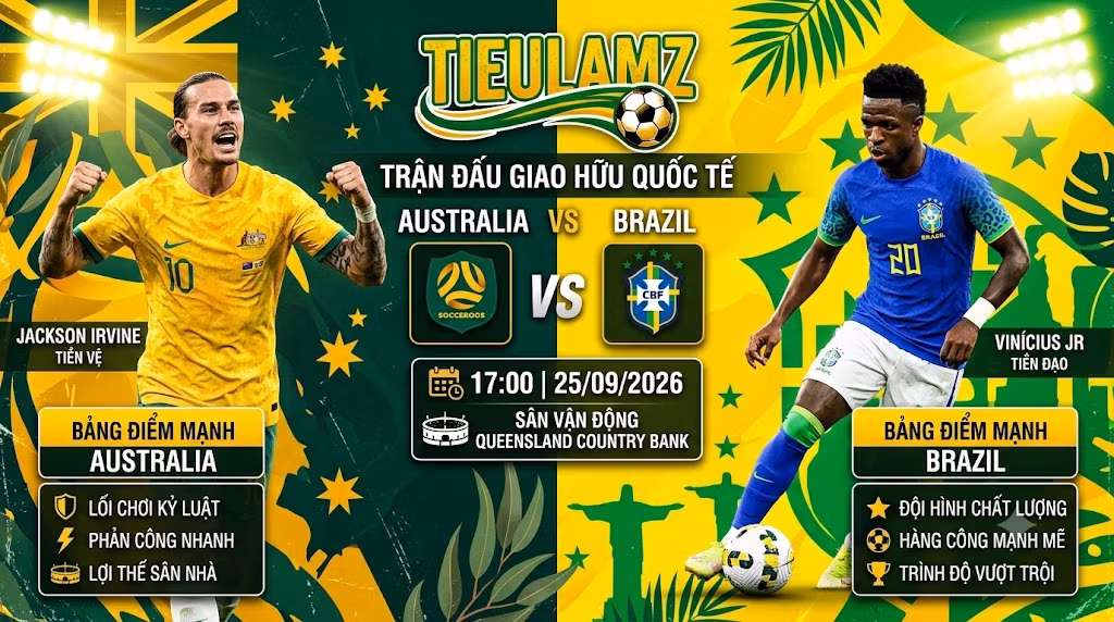 Nhận định bóng đá giao hữu quốc tế Australia vs Brazil lúc 17h00 ngày 25/09/2026 trên TieuLamTV.